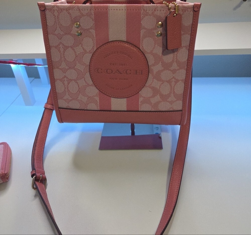 Coach Pink Dempsey 22 nwot Signature Stripe Satchel with Crossbody Strap - Picture 3 of 14
